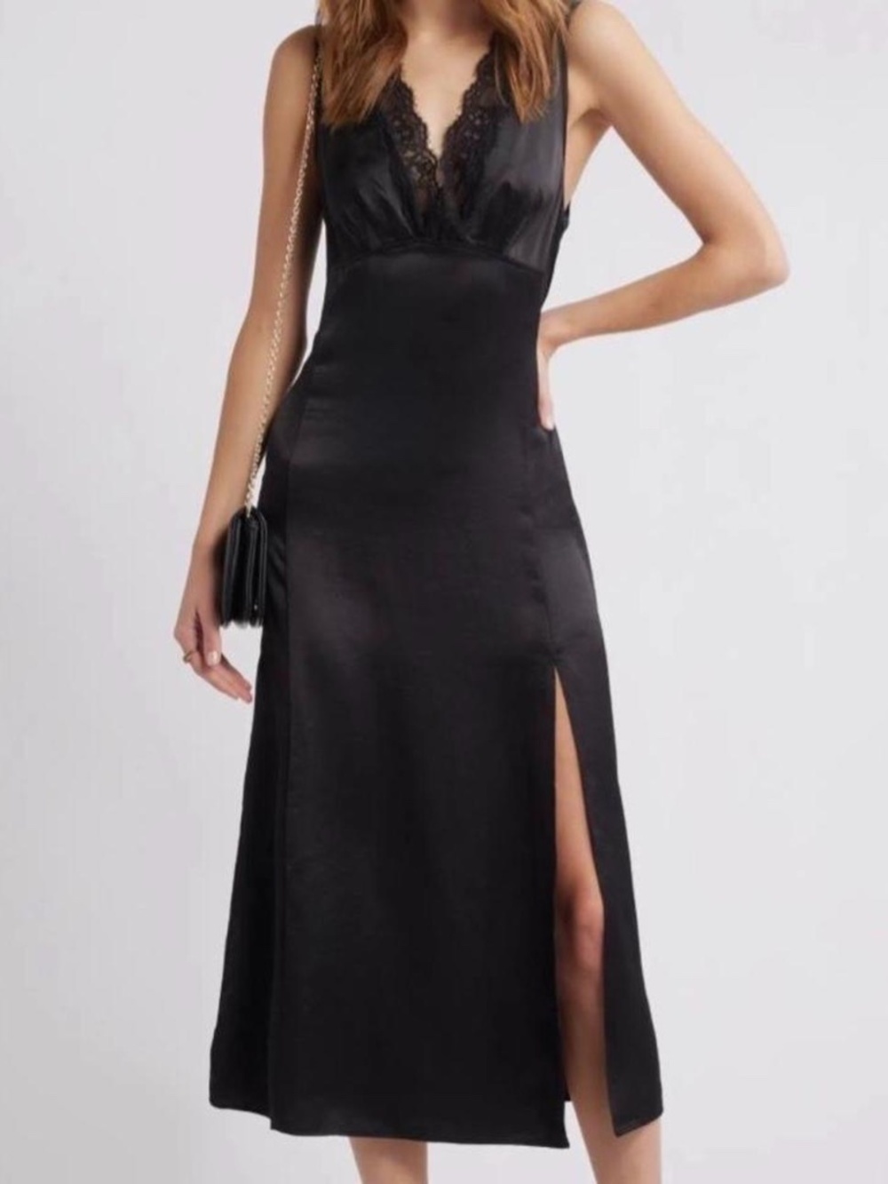Nordstroms Open Edit black satin midi dress with lace trim side slit XS French